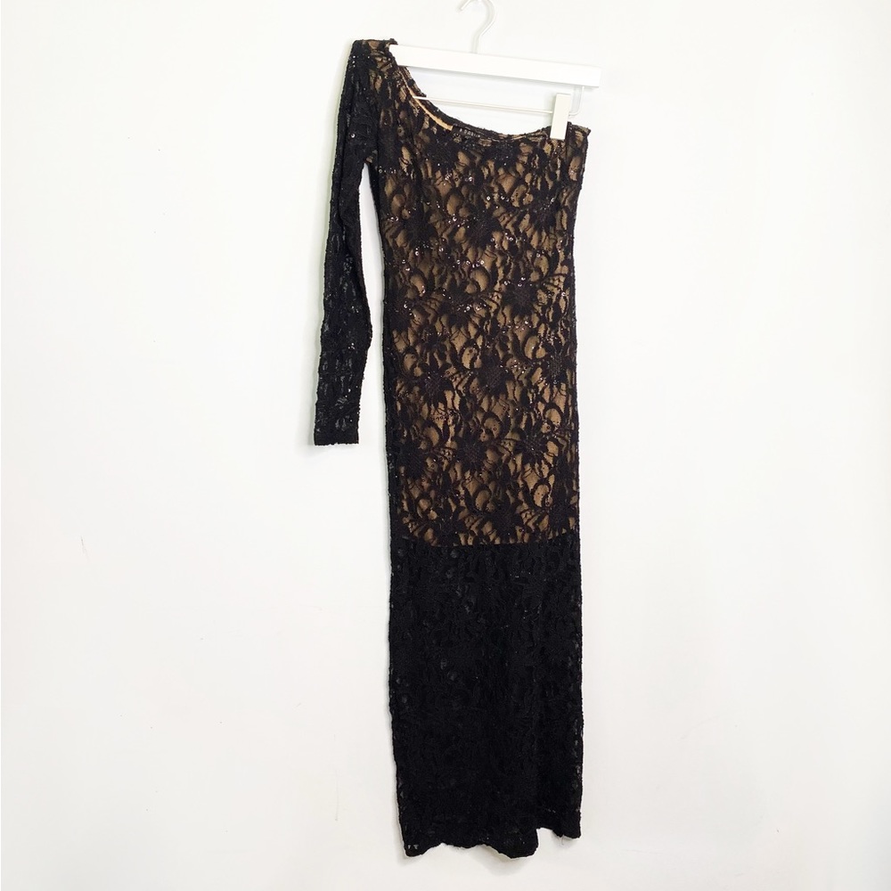 B. Darlin Black Sequin Lace One Shoulder Long Sleeve Maxi Dress Gown
